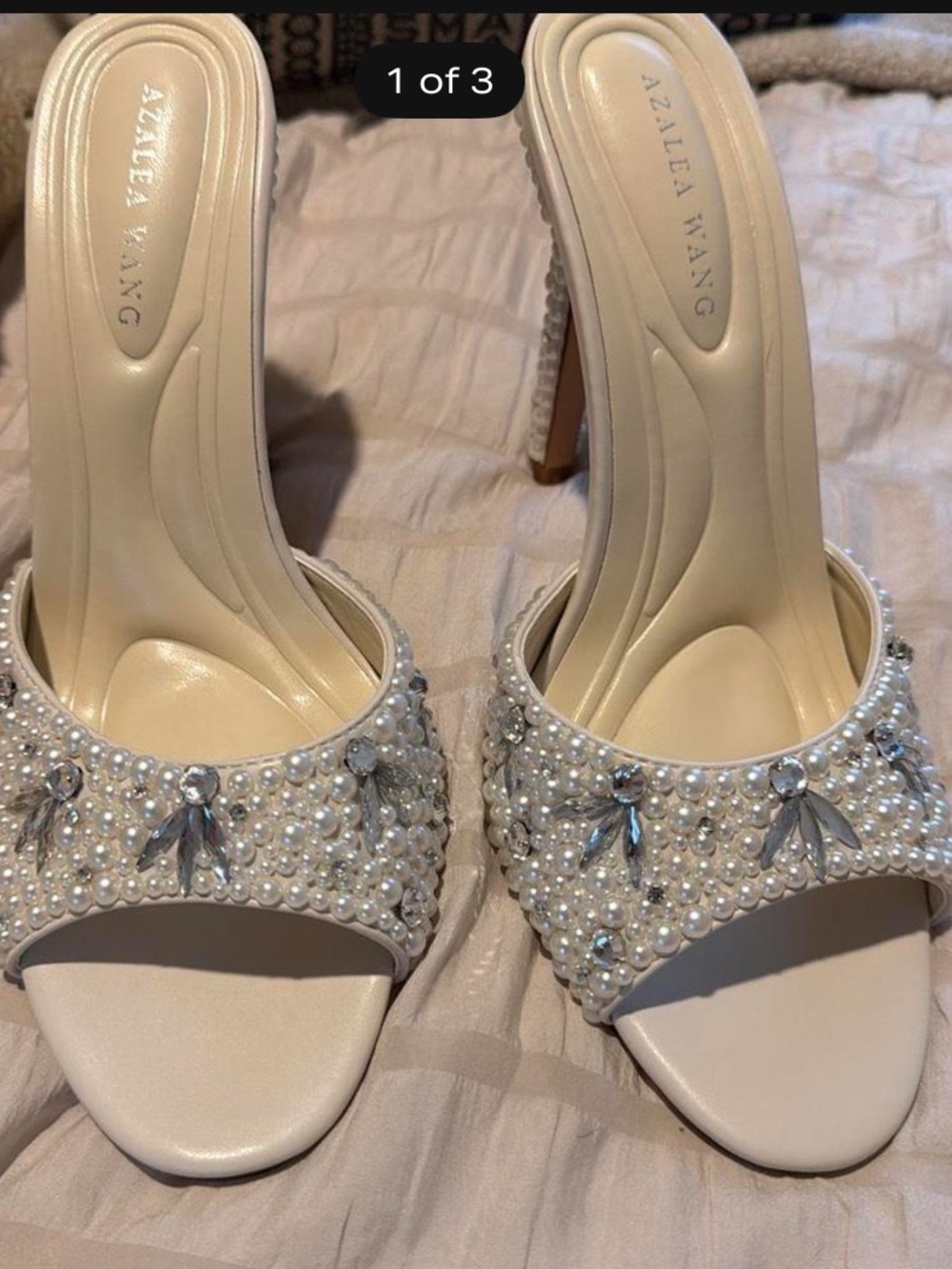 AZALEA WANG Ivory Pearl & Crystal Embellished Slide Heels